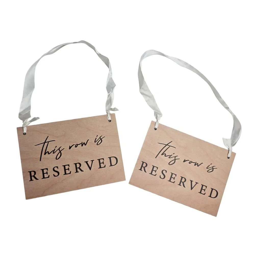 12 Pack Wooden Reserved Row Sign for Wedding Ceremony Natural Wood White Ribbon